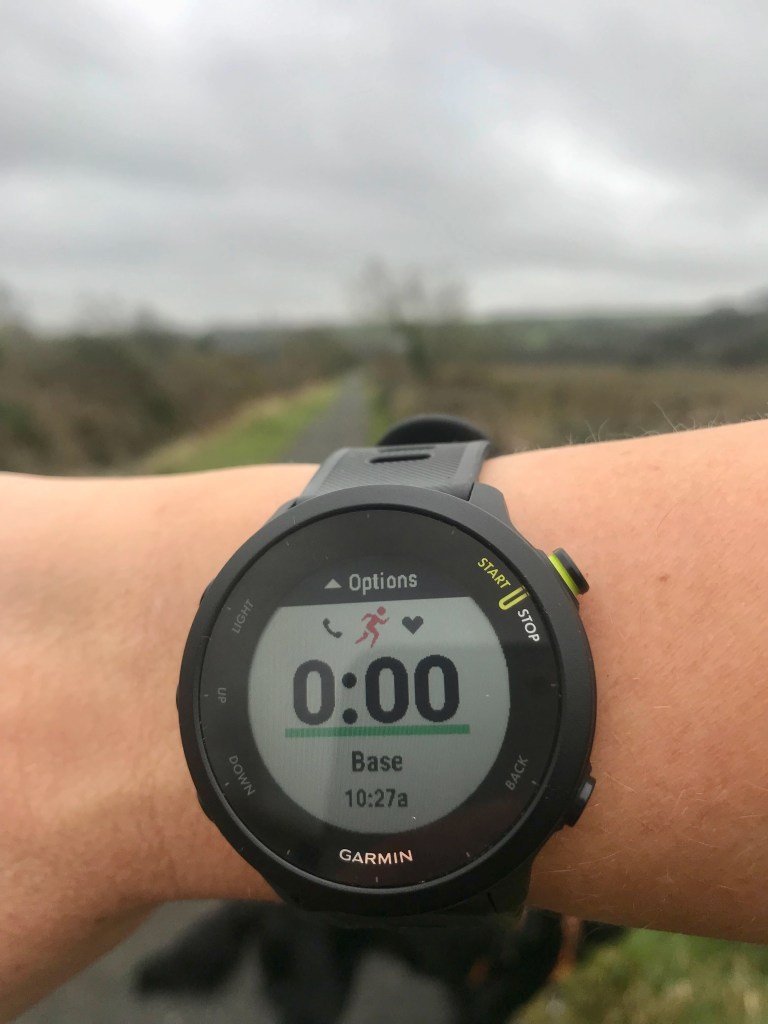 The Garmin Forerunner 55 running watch screen when GPS has been found.