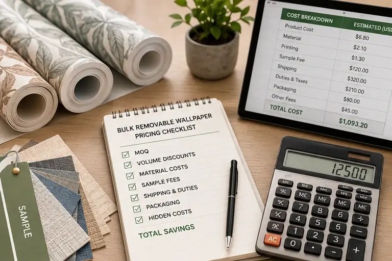 Bulk removable wallpaper pricing guide showing peel and stick wallpaper rolls, MOQ checklist, volume discounts, and hidden cost planning for wallpaper distributors