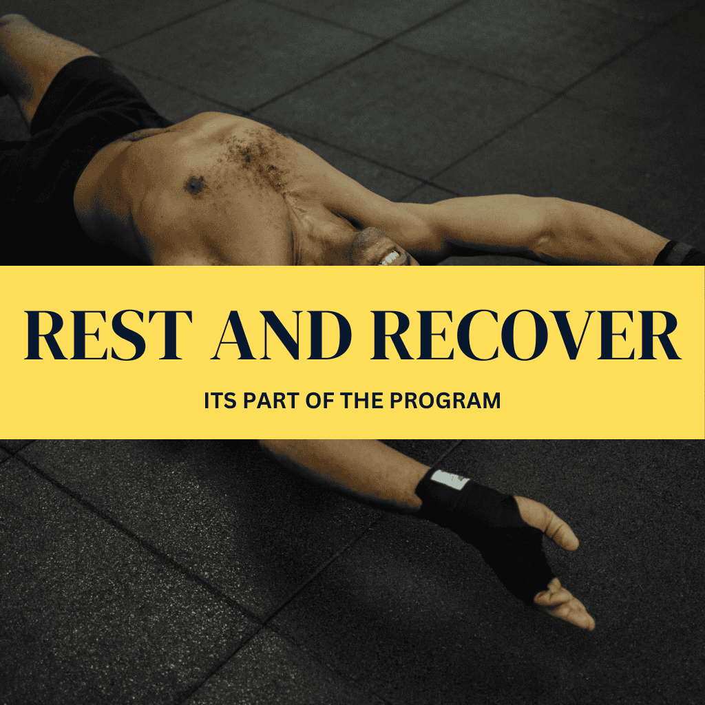 Man stretching over foam roller with caption 'Rest and Recover' and smaller writing below 'Its part of the program'