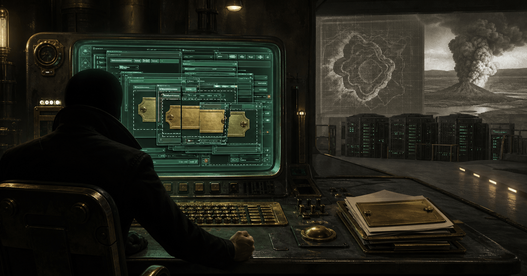 Rupert™, seen from behind, confronts overlapping publishing panels that repeatedly crop a brass plaque, while an archival display shows Yellowstone and rows of data servers.