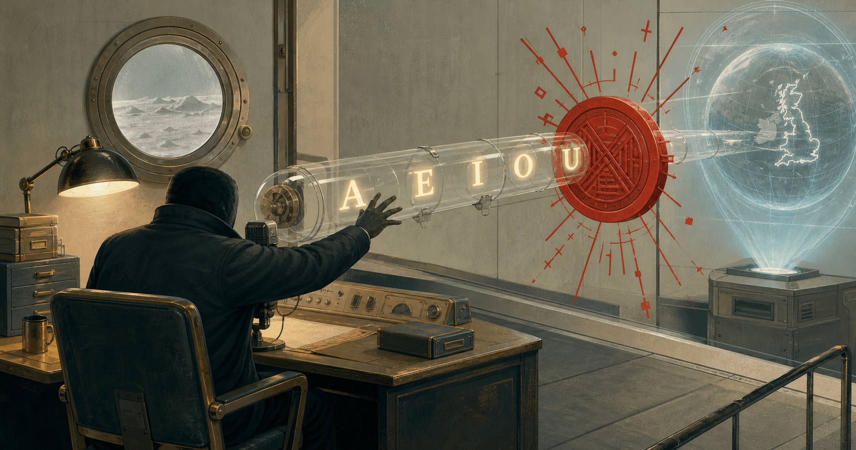 Rupert, seen from behind in a Ceres archive, reaches towards the glowing vowels A, E, I, O and U as they travel through a glass dispatch tube towards a holographic map of Britain, blocked by a red seal.