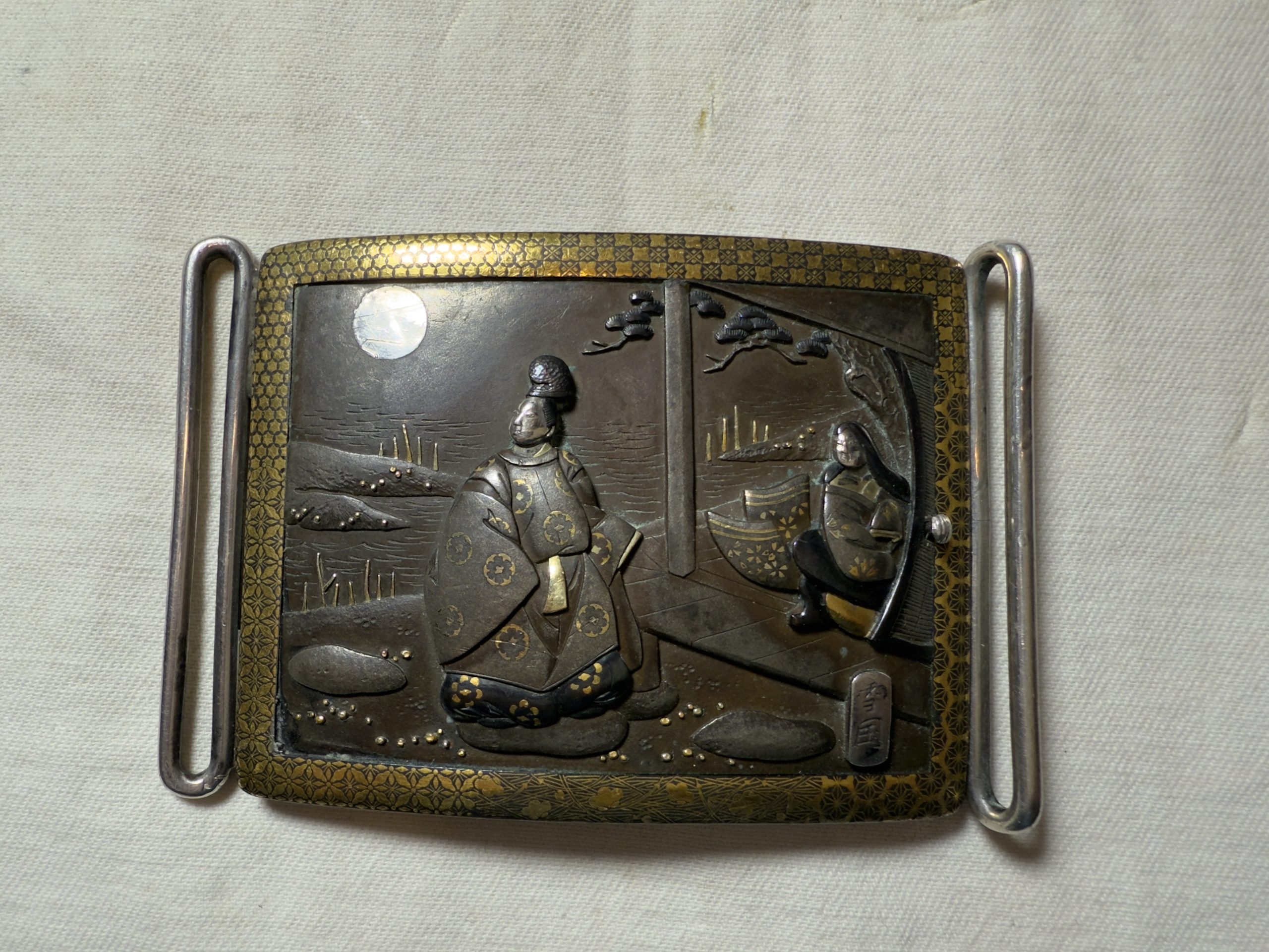 Antique Japanese Mixed Metal Belt Buckle Late Meji Period
