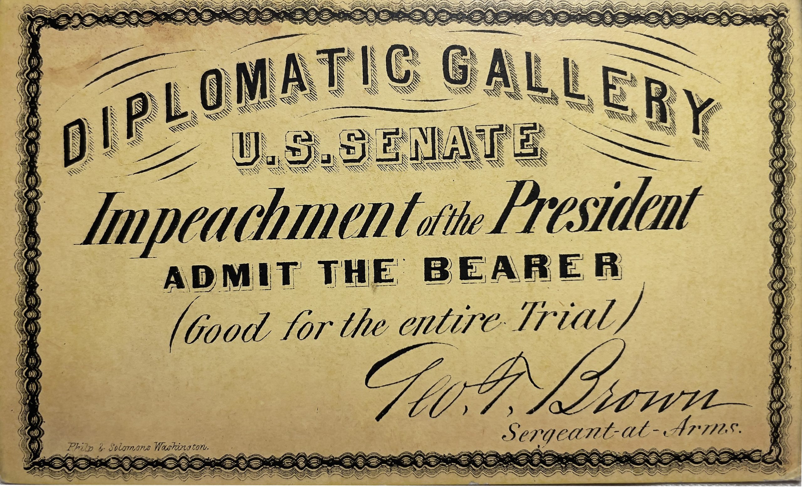 1868 Impeachment ticket  United States President Andrew Johnson Diplomatic Gallery