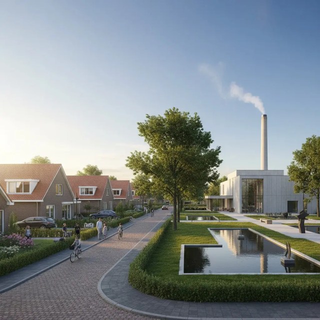 Een moderne woonwijk met smog en industrie tegen de achtergrond.