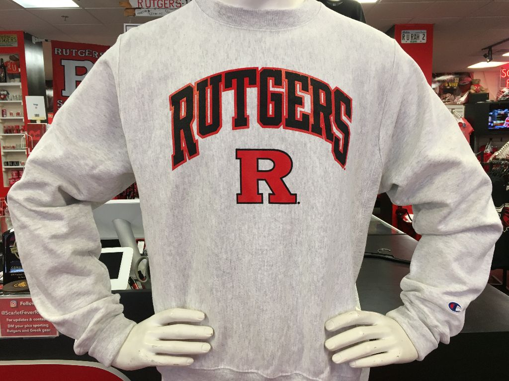 Rutgers Champion Reverse Weave Crewneck White - Scarlet Fever