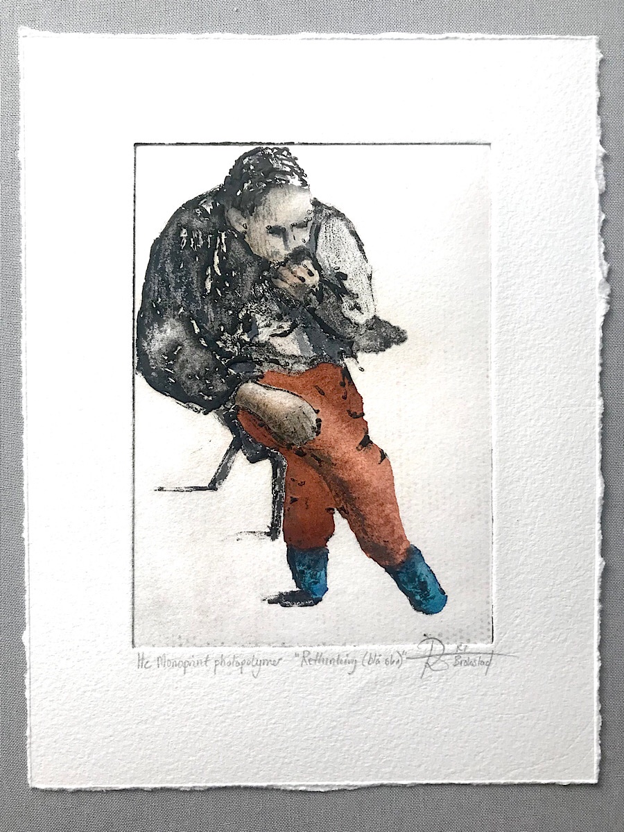Rethinking (Blue Shoes) [Monoprint hand coloured, 16x22 cm]
