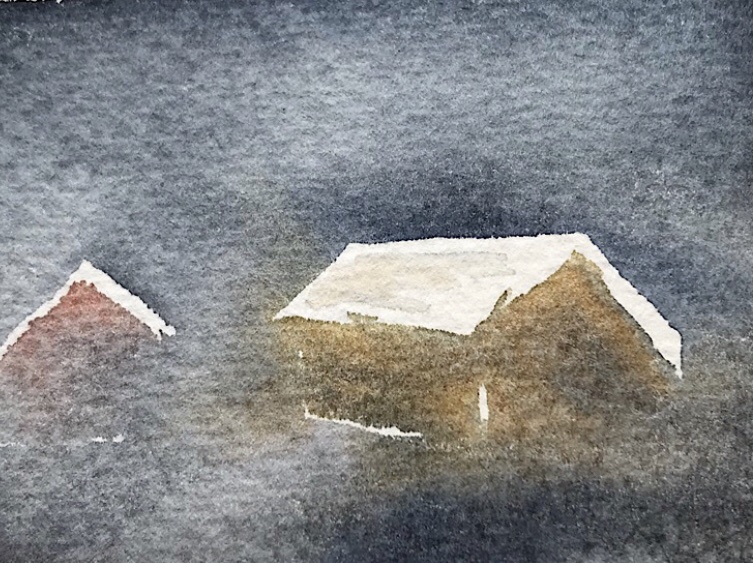 Gårdstunet  [Akvarell på papir, 8,5 x 6 cm]