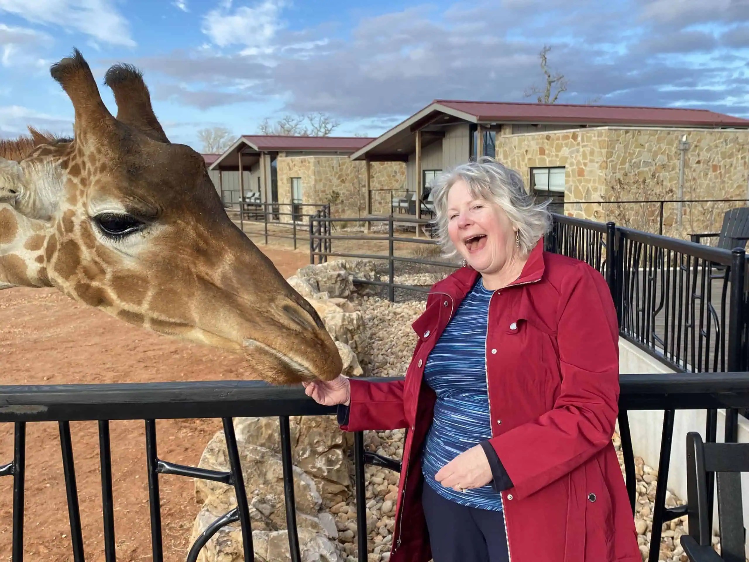 Ruth enjoying a giraffe encounter at Longneck Manor