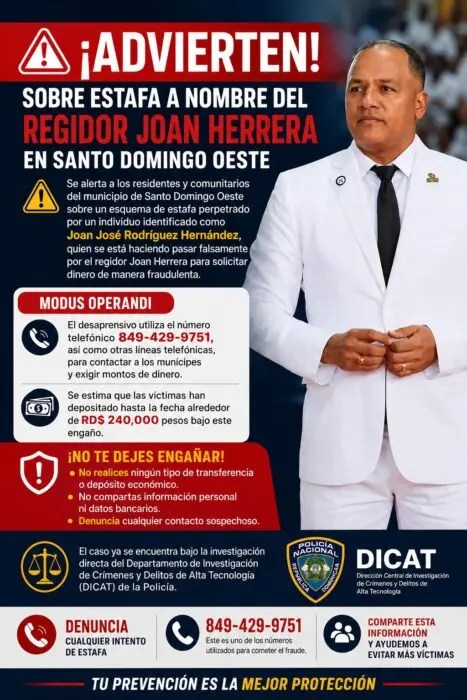 Advierten sobre presunta estafa a nombre del regidor Joan Herrera en Santo Domingo Oeste