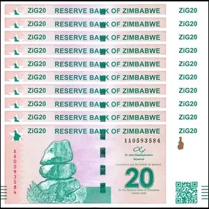 10 X Zimbabwe ZIG20 UNC W/ QR Code Issued 2024  Zig Gold Backed Currency COA