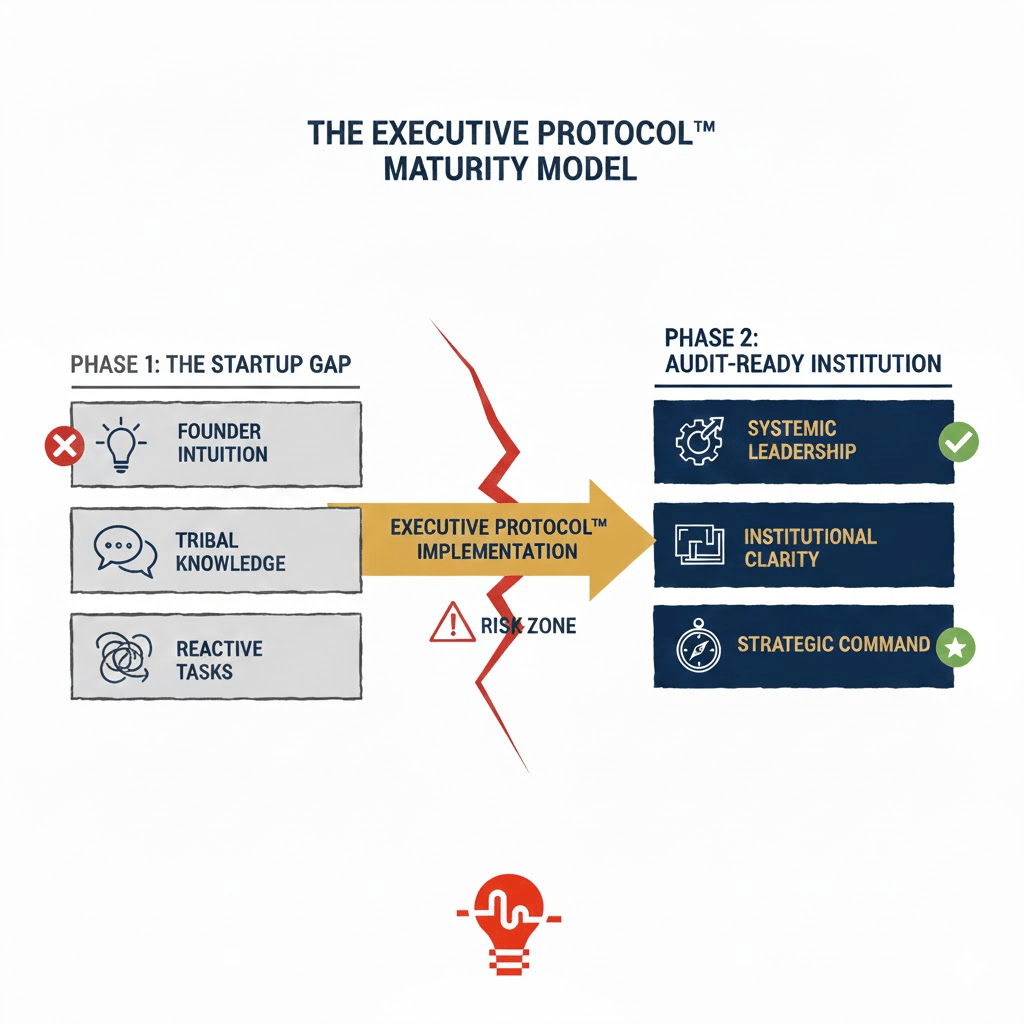 A maturity model diagram titled The Executive Protocol, showing the transition from Phase 1: The Startup Gap (characterized by founder intuition, tribal knowledge, and reactive tasks) to Phase 2: Audit-Ready Institution (achieved through systemic leadership, institutional clarity, and strategic command).