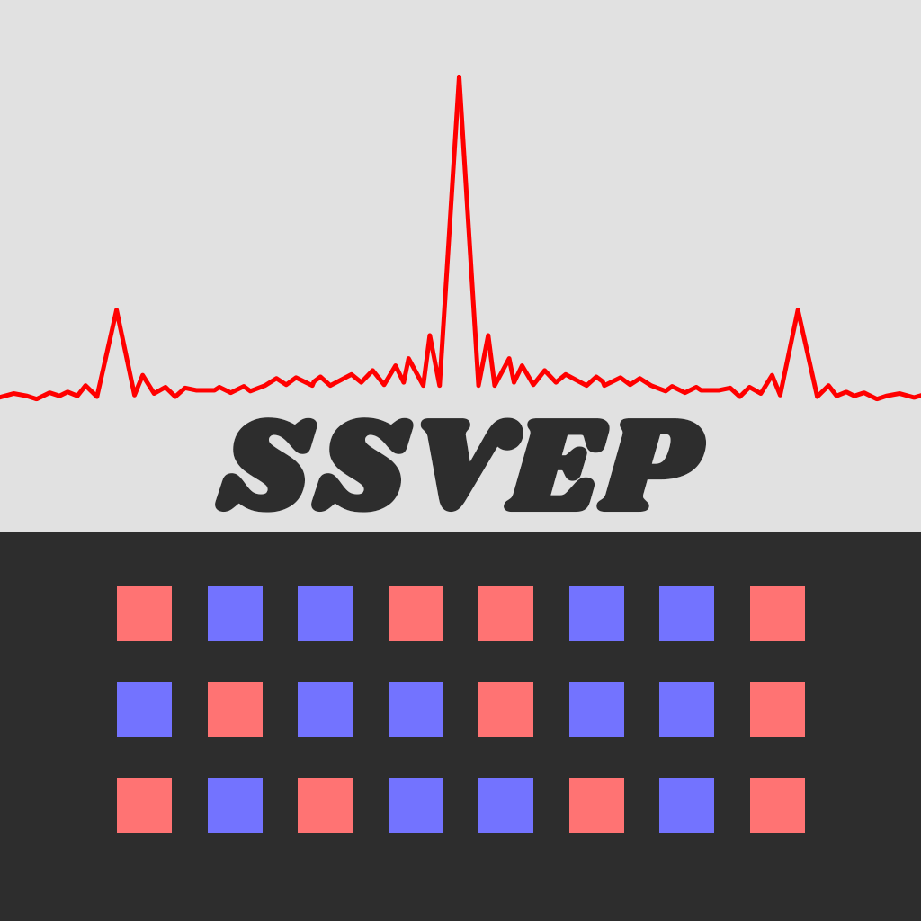 SSVEP Keyboard icon. A red line graph with a large peak in the middle, two peaks on either end and noise inbetween. Below is the text SSVEP and 3 rows of blue and red squares.