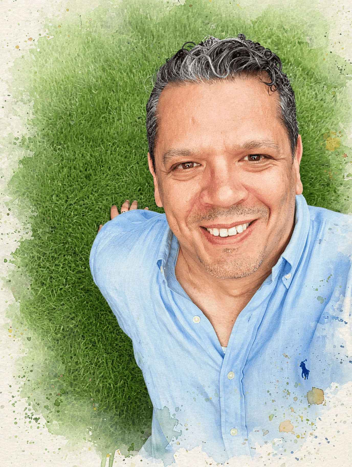 Portrait of Ryan O. Rivera, smiling, in a light blue shirt, photographed from above on green grass in a watercolor style