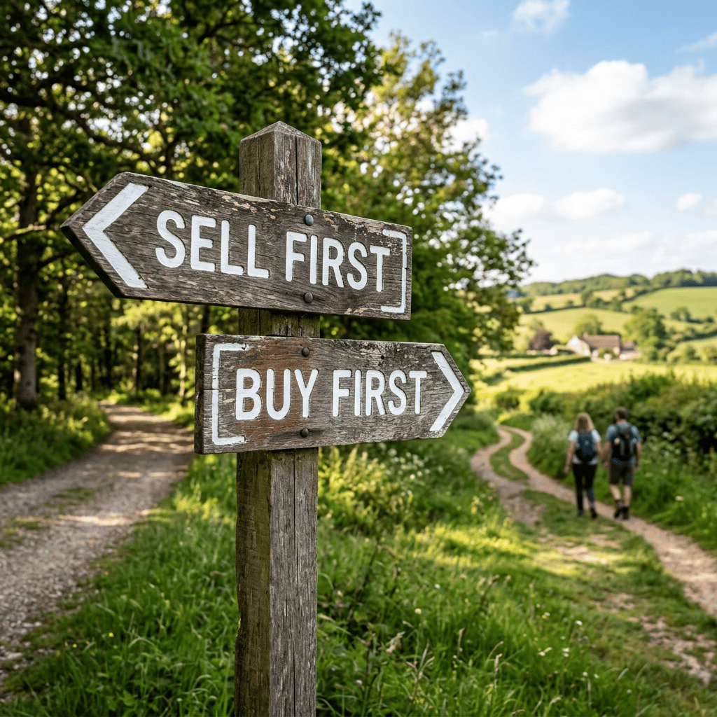 Wooden crossroads sign reading “SELL FIRST” and “BUY FIRST”