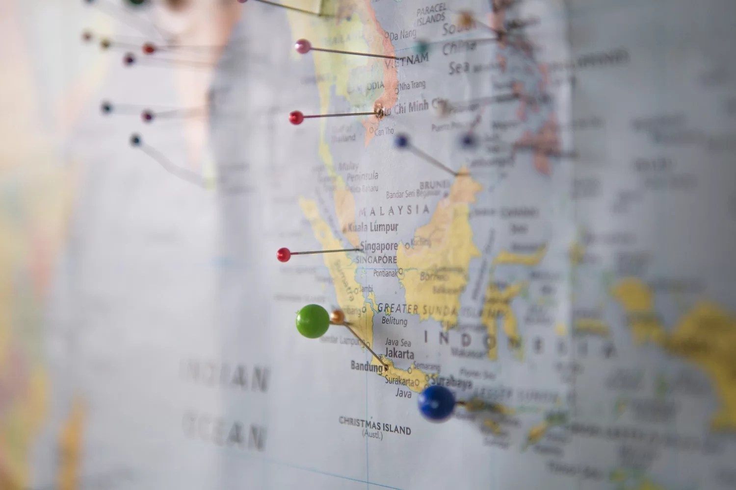Pins on a map of Southeast Asia