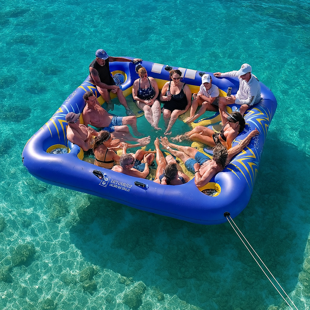 a group of people hanging out on an Inflatable Party Island