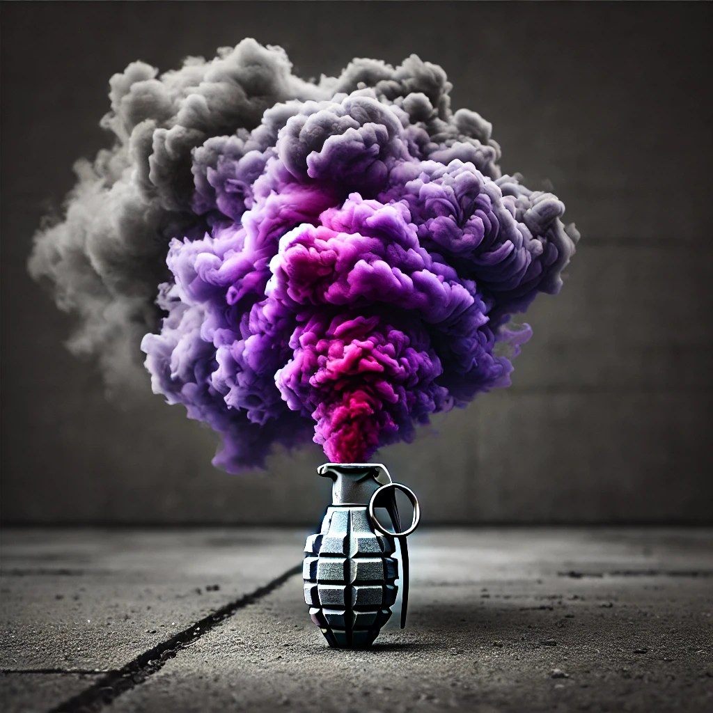Black and white photo of a smoke grenade with vibrant purple smoke.