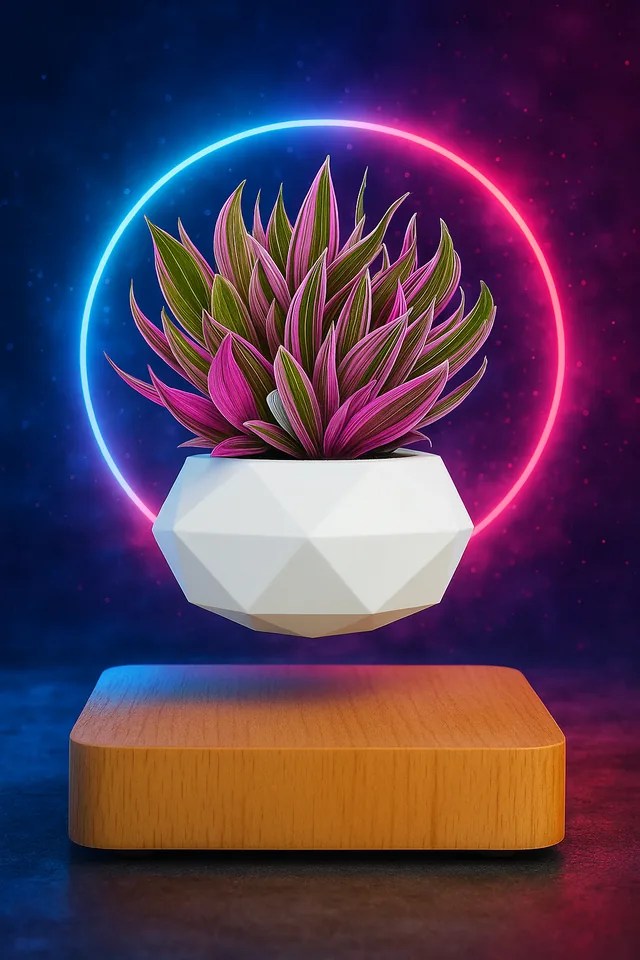 Magnetic levitating plant pot floating above a wooden base