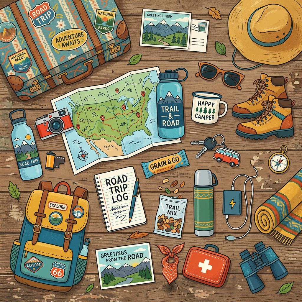 Road trip and camping gear including a map, backpack, boots, water bottles, camera, trail mix, compass, keys, hat, sunglasses, and binoculars