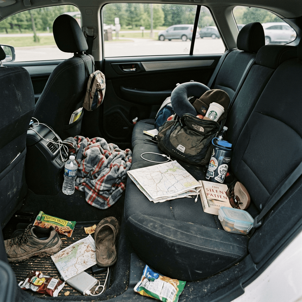 Slightly messy car back seat after road trip