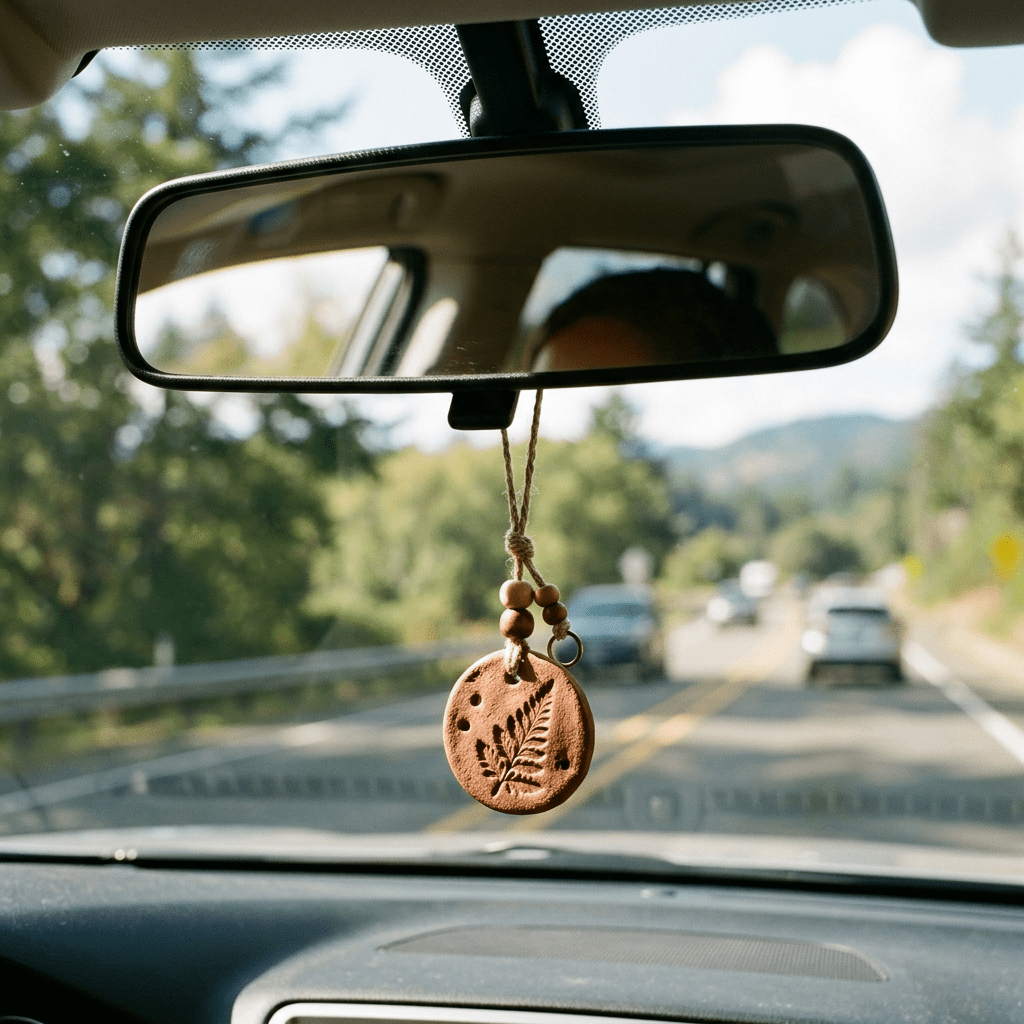 Clay essential oil pendant hanging from rearview mirror