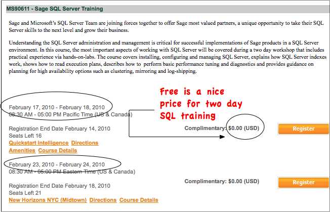 Free SQL Server Training for Sage Partners: Irvine CA (2/17,18) and New