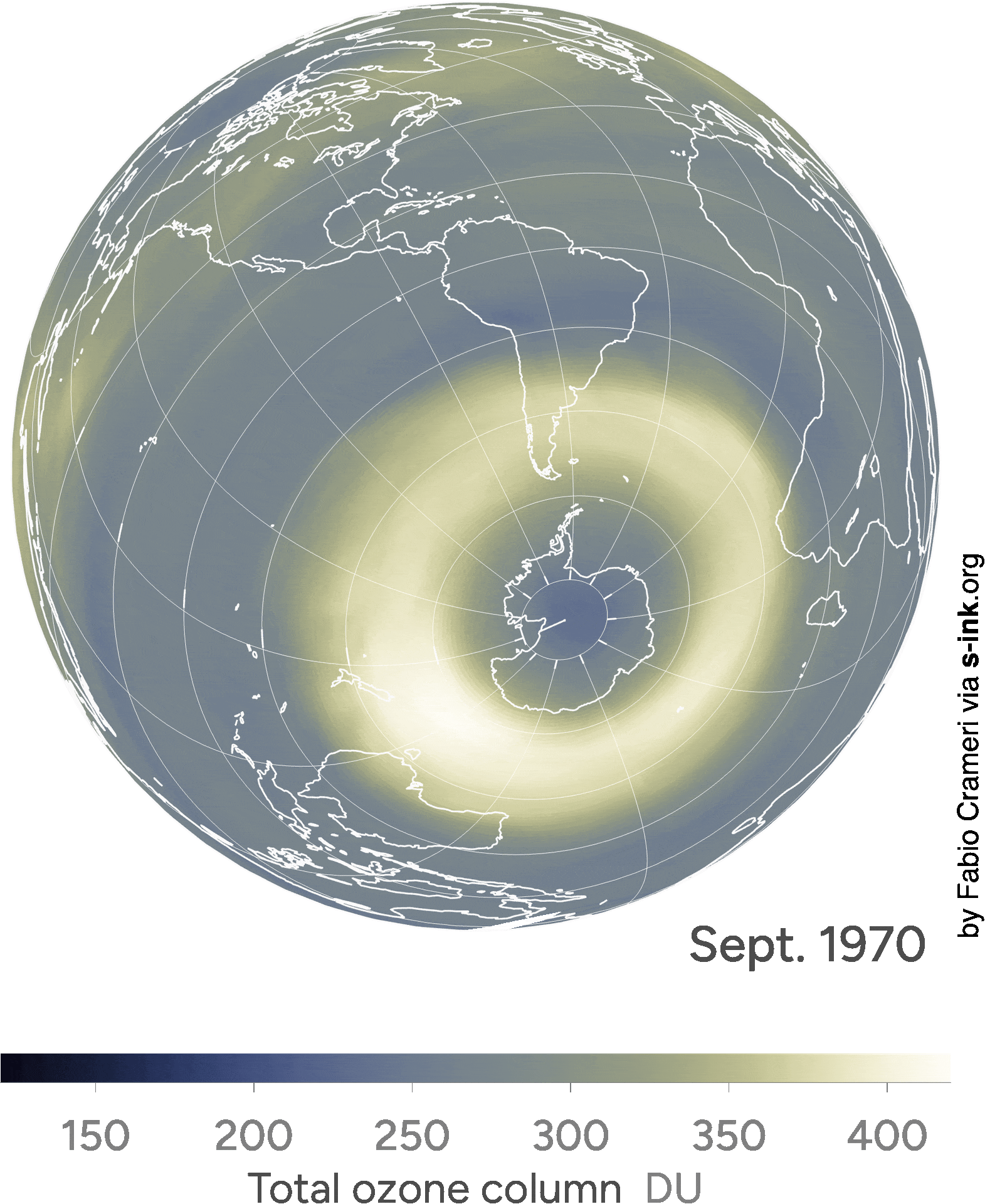 Animation of the yearly evolution of the Earth's ozone layer from 1970 to 2023. It highlights the ozone depletion, particularly over Antarctica, leading to the "ozone hole".
