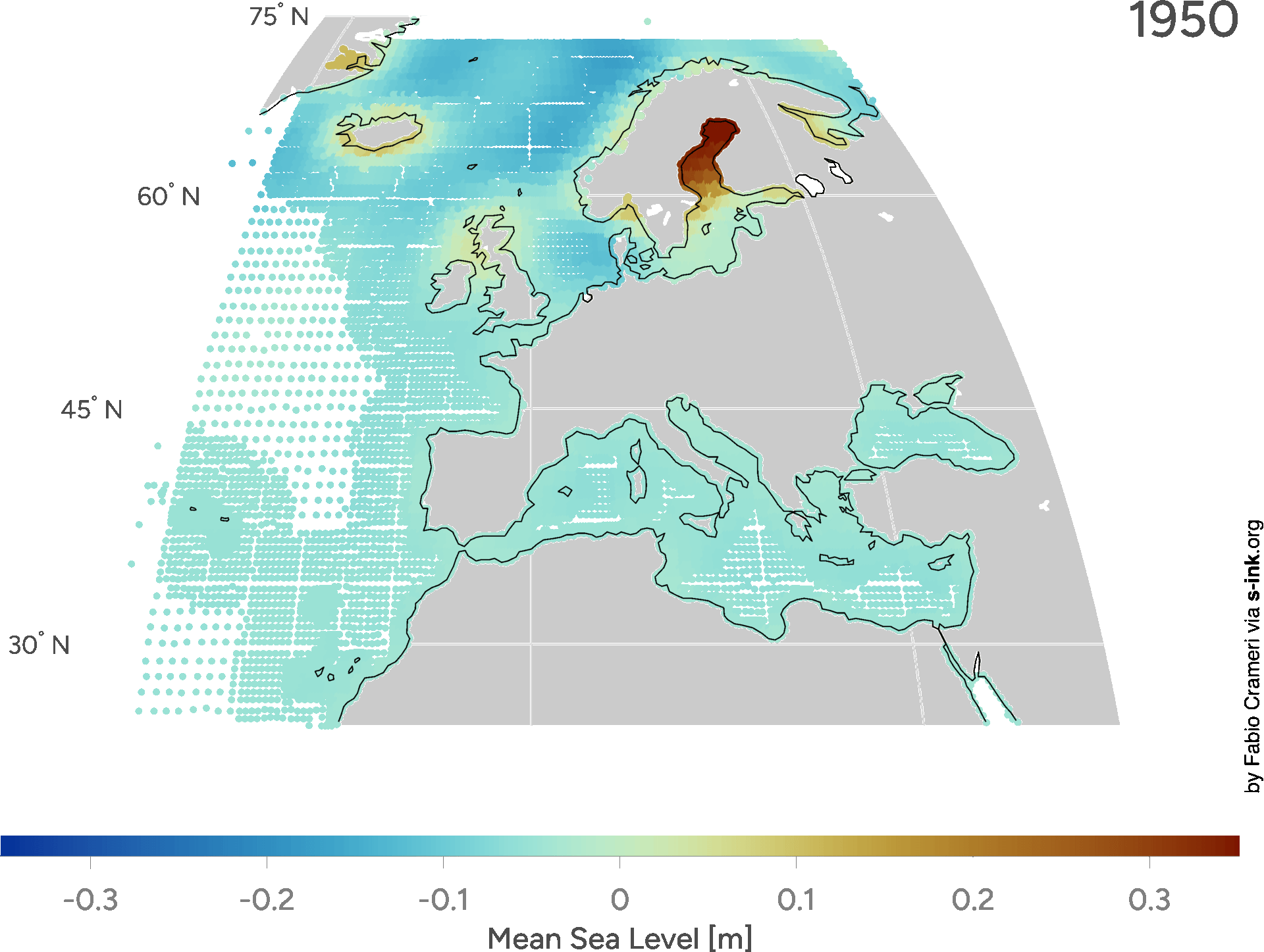 Projected (historical and future) annual mean sea-level around Europe relative to the 1986–2005 reference period. Graphic by Fabio Crameri
