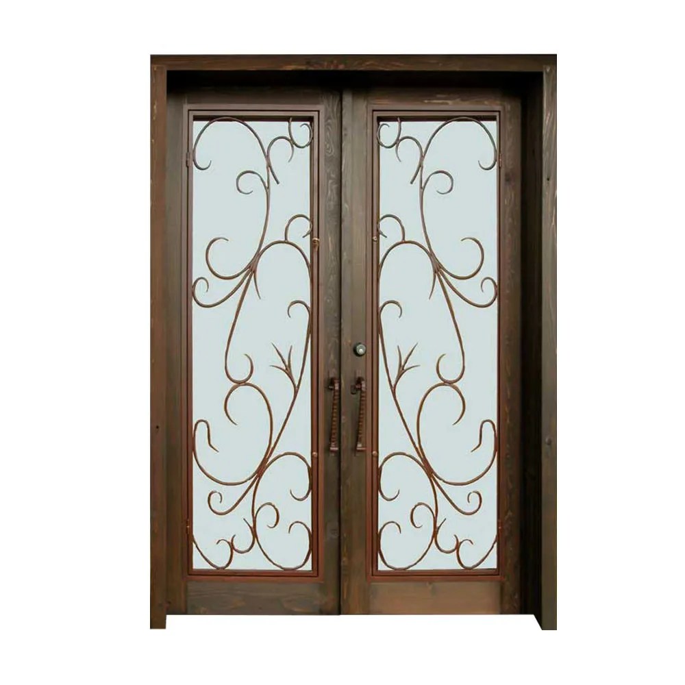 Villa Garden Main Front Wrought Iron Wood Grill Insert Glass Double Door Design Buy Wrought Iron Glass Door Wooden Door Grill Design Wooden Front Door Product On Alibaba Com