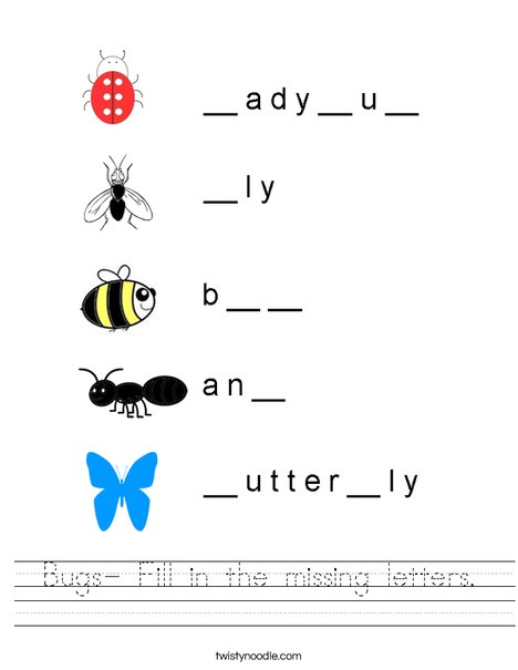 bugs fill in the missing letters worksheet twisty noodle