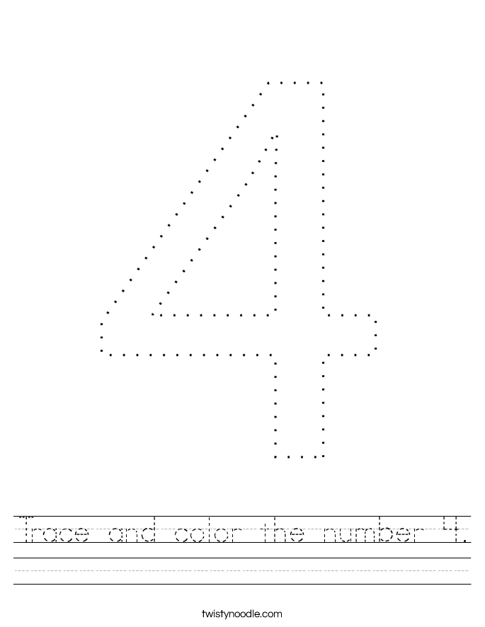 trace and color the number 4 worksheet twisty noodle