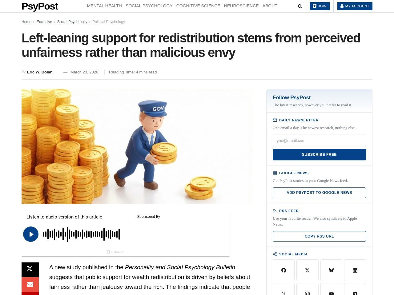 Left-leaning support for redistribution stems from perceived unfairness rather than malicious envy