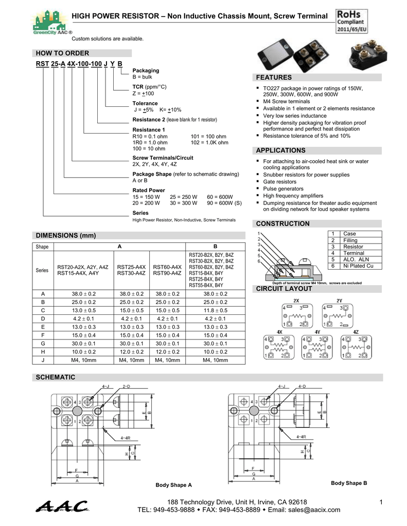 High Power Resistor Non Inductive Chassis Mount Screw