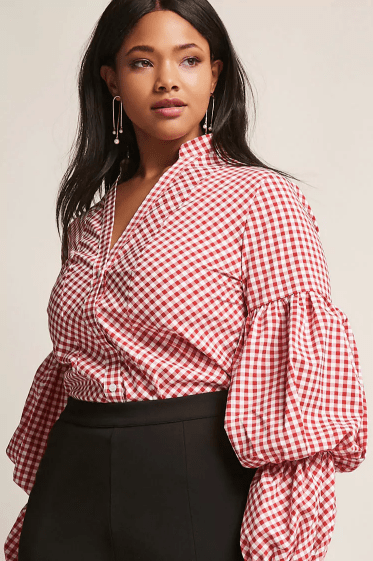 Forever 21 Plus Size Gingham Puff Sleeve Bodysuit