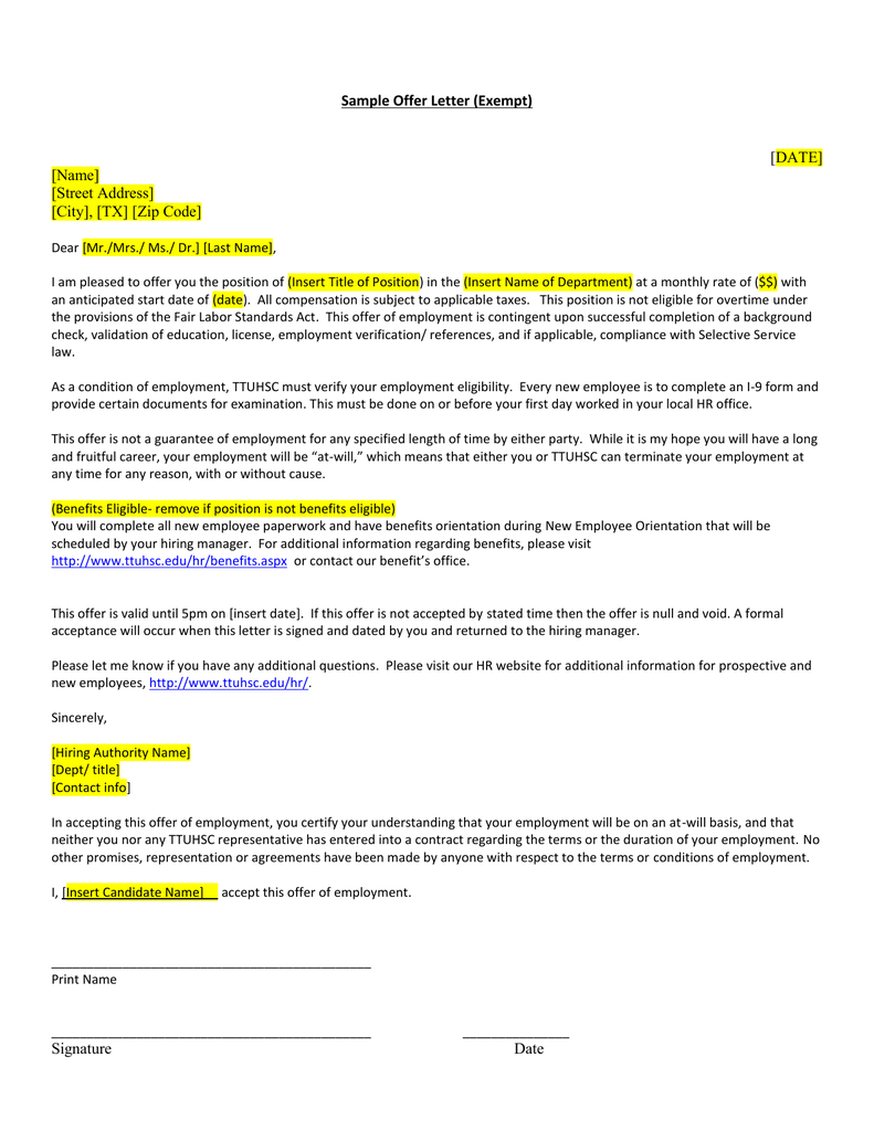 Sample Offer Letter Exempt Date Name