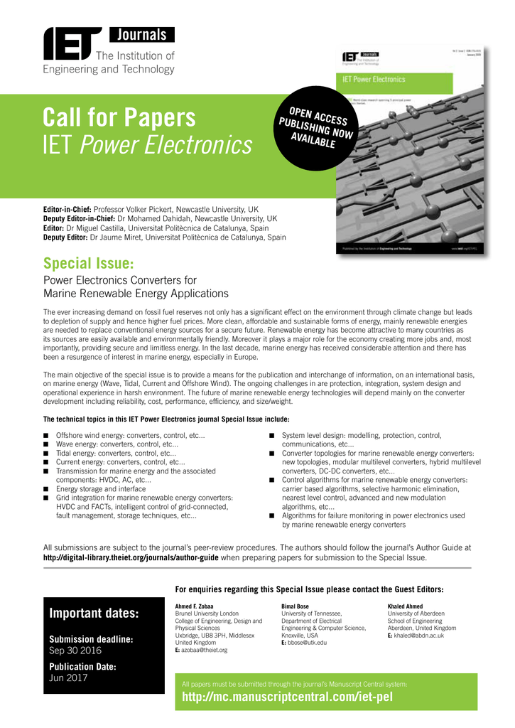 Call For Papers Iet Power Electronics