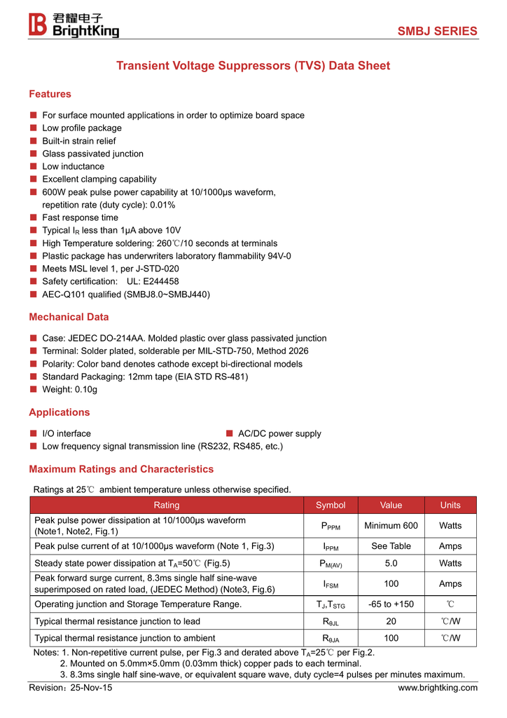 Smbj Series Transient Voltage Suppressors Tvs Data Sheet