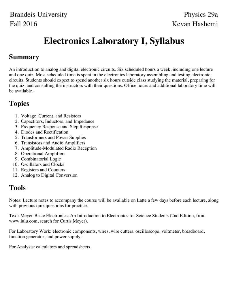 Physics 29a Electronics Laboratory I Syllabus