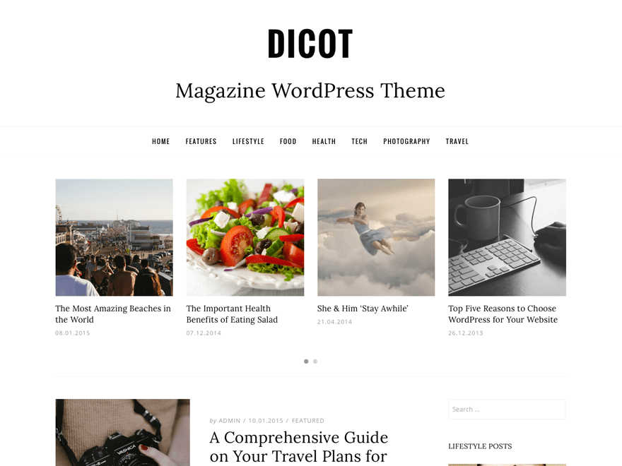 Dicot is a magazine, news or blog WordPress theme with clean and modern design. Dicot is completely responsive and created with most modern technologies. Featuring wide or boxed layout, sidebar positions, sticky menu, featured posts carousel, custom widgets, and many more useful and interesting features which make your work easier. We hope you will enjoy it and have a good time publishing your articles.