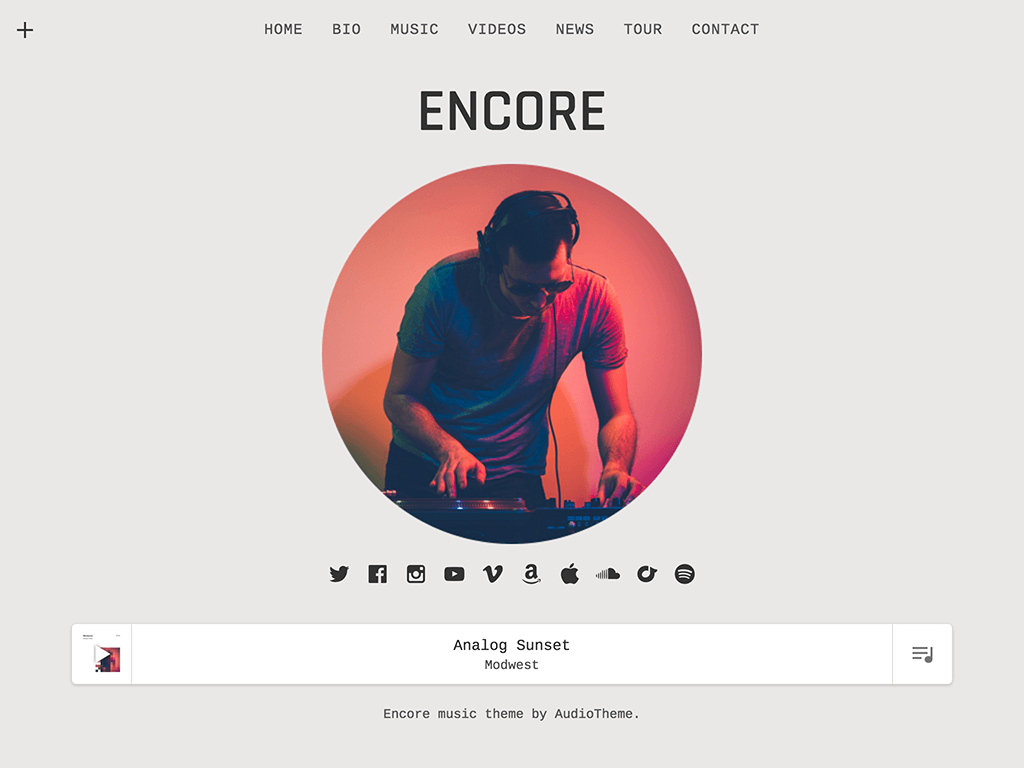 Encore takes a simple and organized approach to presenting your content with understated charm and undeniable appeal. You can display your music and videos in unique, gridded archives; showcase a playlist in a distinct, site-wide player; and much more. Deliver what your fans want with Encore.