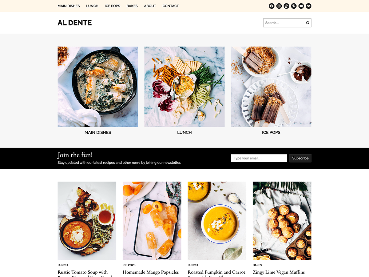 Al Dente is a blog theme perfect for blogs whose posts are categorised, for example food recipe blogs.