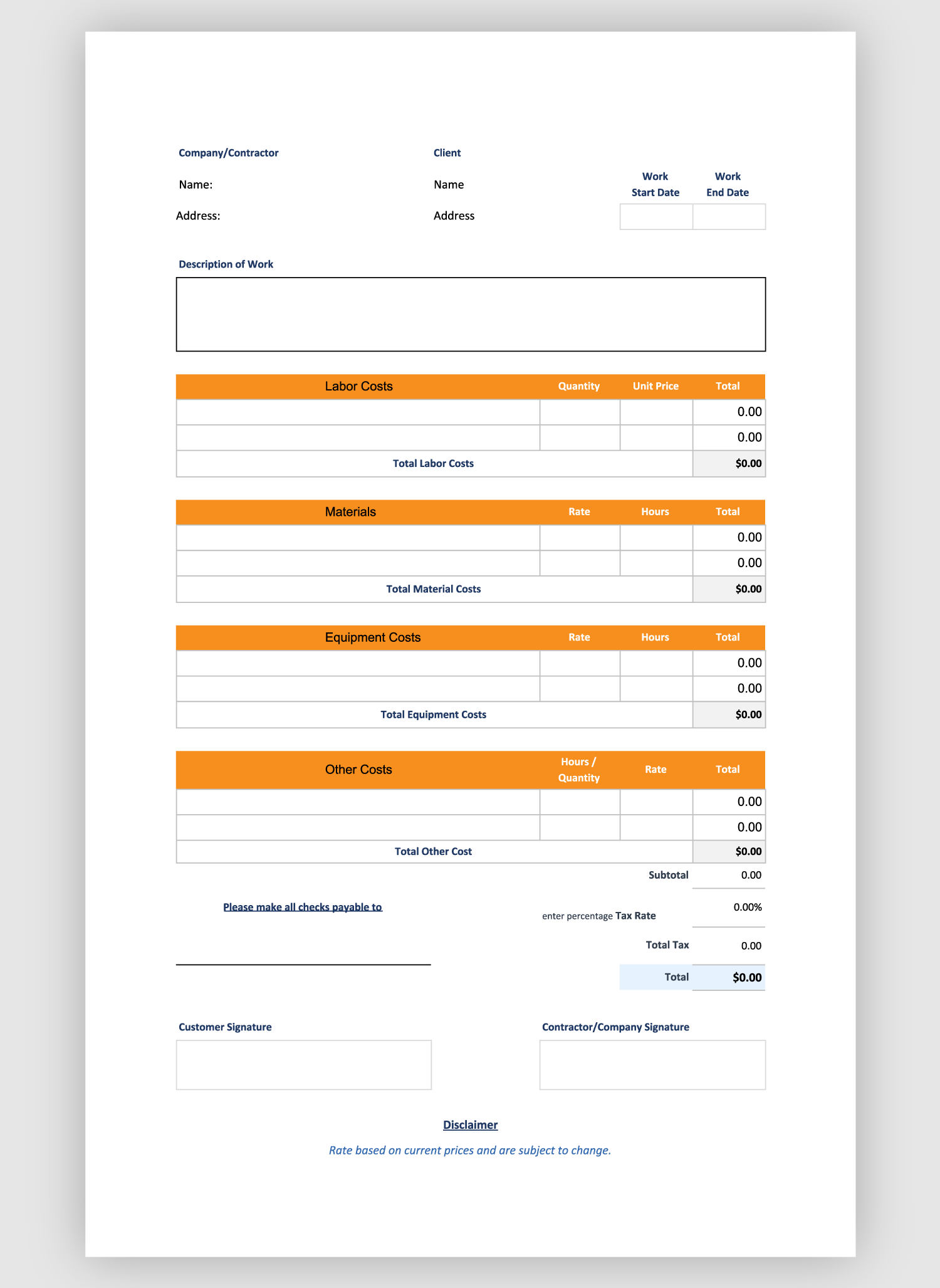 Free Construction Estimate Template Bigrentz