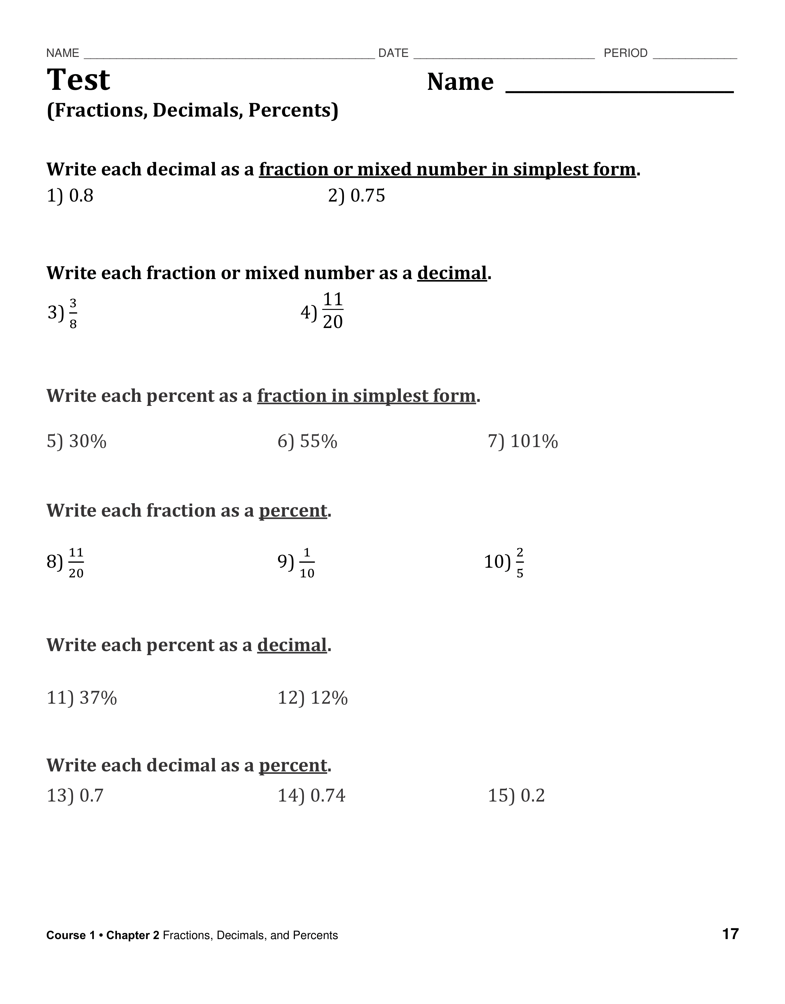 TEST: Fraction/Decimal and Percent - Cynthia Shaver ... TEST: Fraction/Decimal and Percent - Cynthia Shaver ...