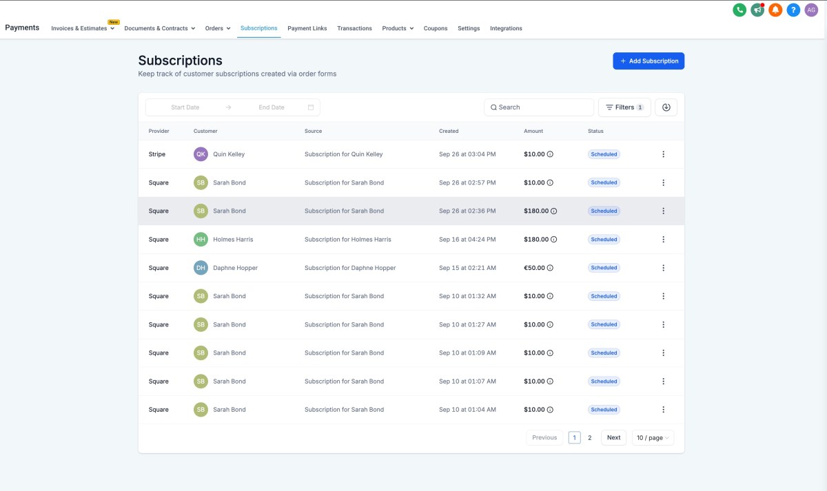 Create or Schedule Subscriptions and Send Invoice within Contact Details Page 1 Screenshot 2024-09-26 at 3