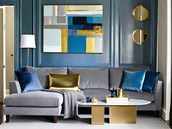 Blue grey gold living room decor ideas inspiration shop now