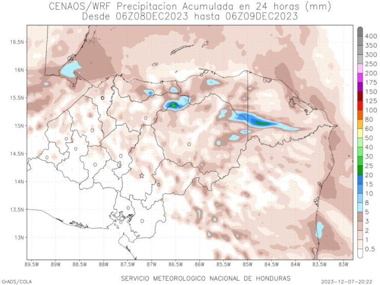 Mapa de precipitaciones para este viernes 8 de diciembre en Honduras. Foto: Copeco