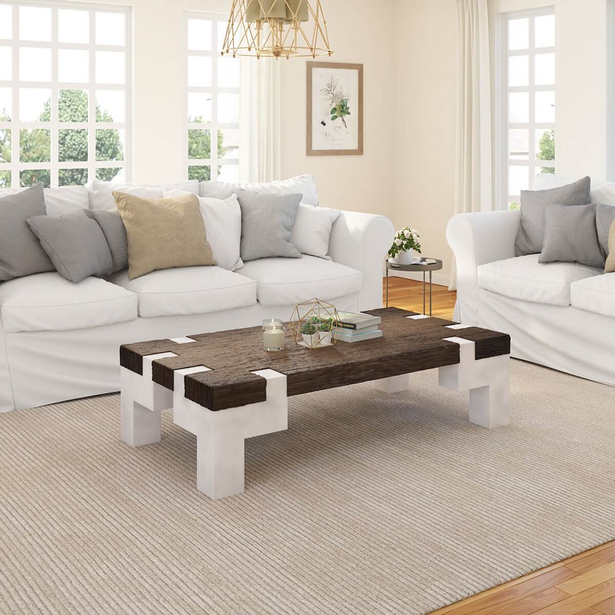 Mexicali Two Tone Rustic Wood Large Farmhouse Coffee Table With Iron Legs
