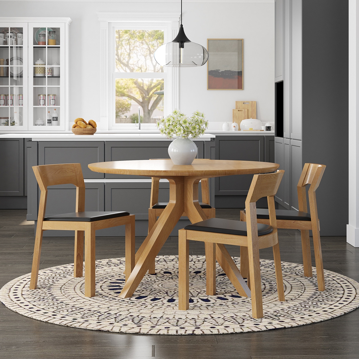 Montecito Teak Wood Cross Leg Modern Round Dining Table Chair Set