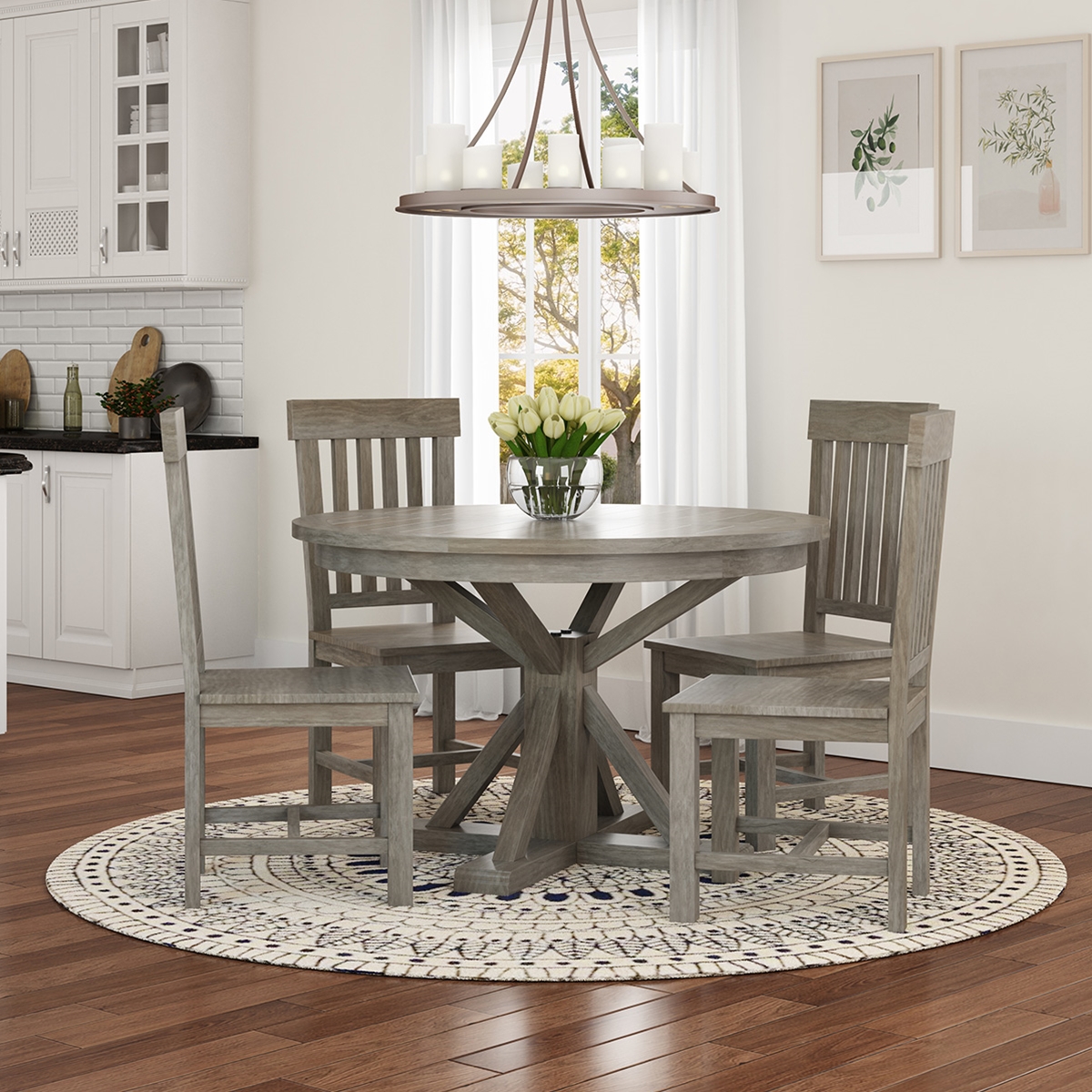 Alamosa Solid Teak Wood Grey Round Dining Table Chair Set