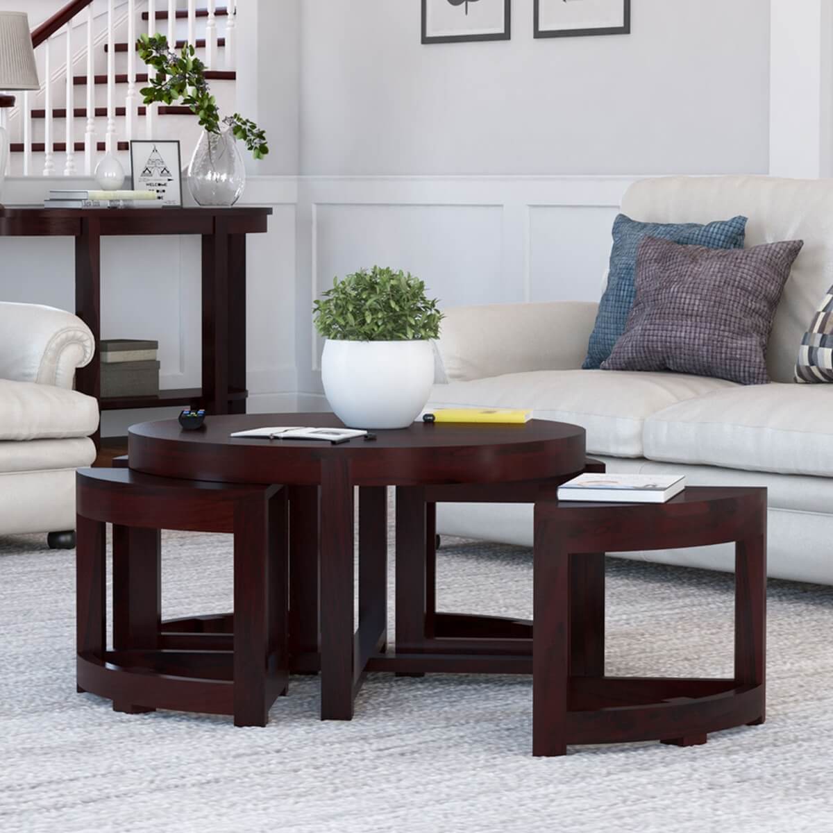 Murrieta Solid Wood Round Coffee Table With 4 Nested Stools